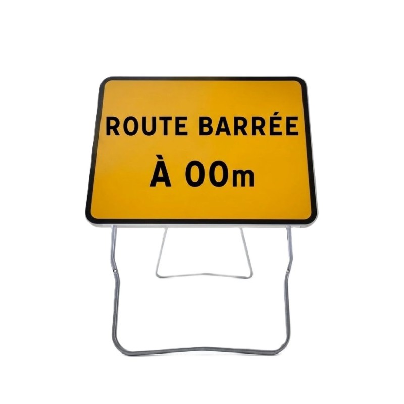 Panneau de chantier KC1 Route Barrée à 00m avec disque de distance sur pied