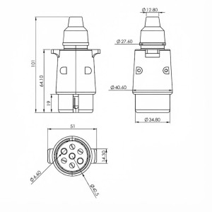Fiche Remorque 7 Broches Mâle 12V Plastique Bornes à Vis